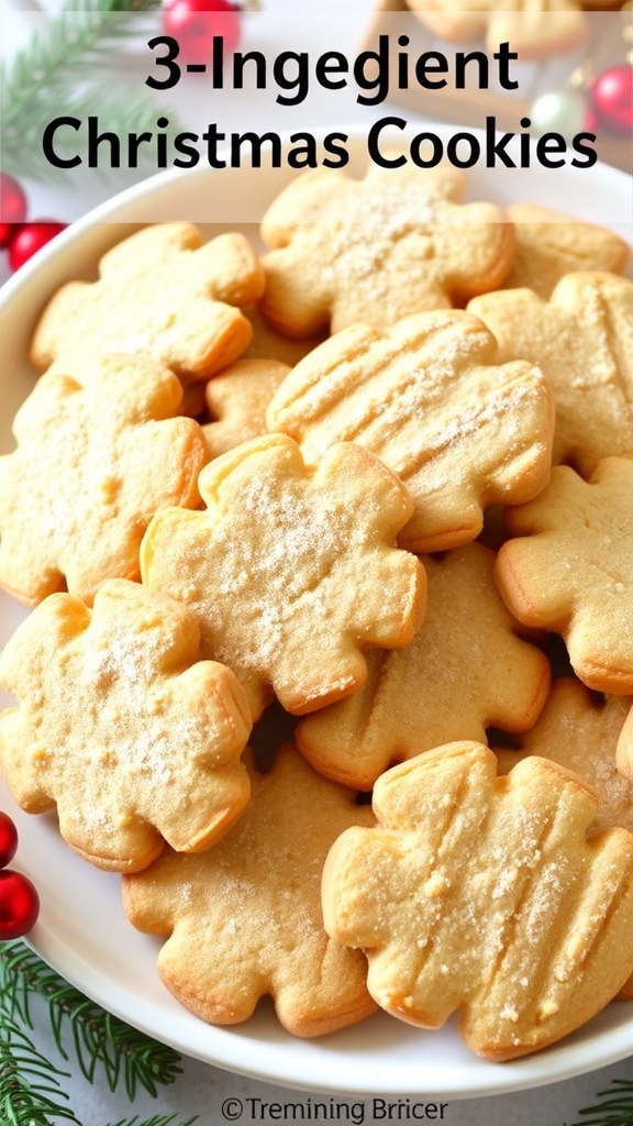 Simple 3-Ingredient Christmas Cookies A festive plate of simple 3-ingredient Christmas cookies dusted with powdered sugar, surrounded by holiday decorations.